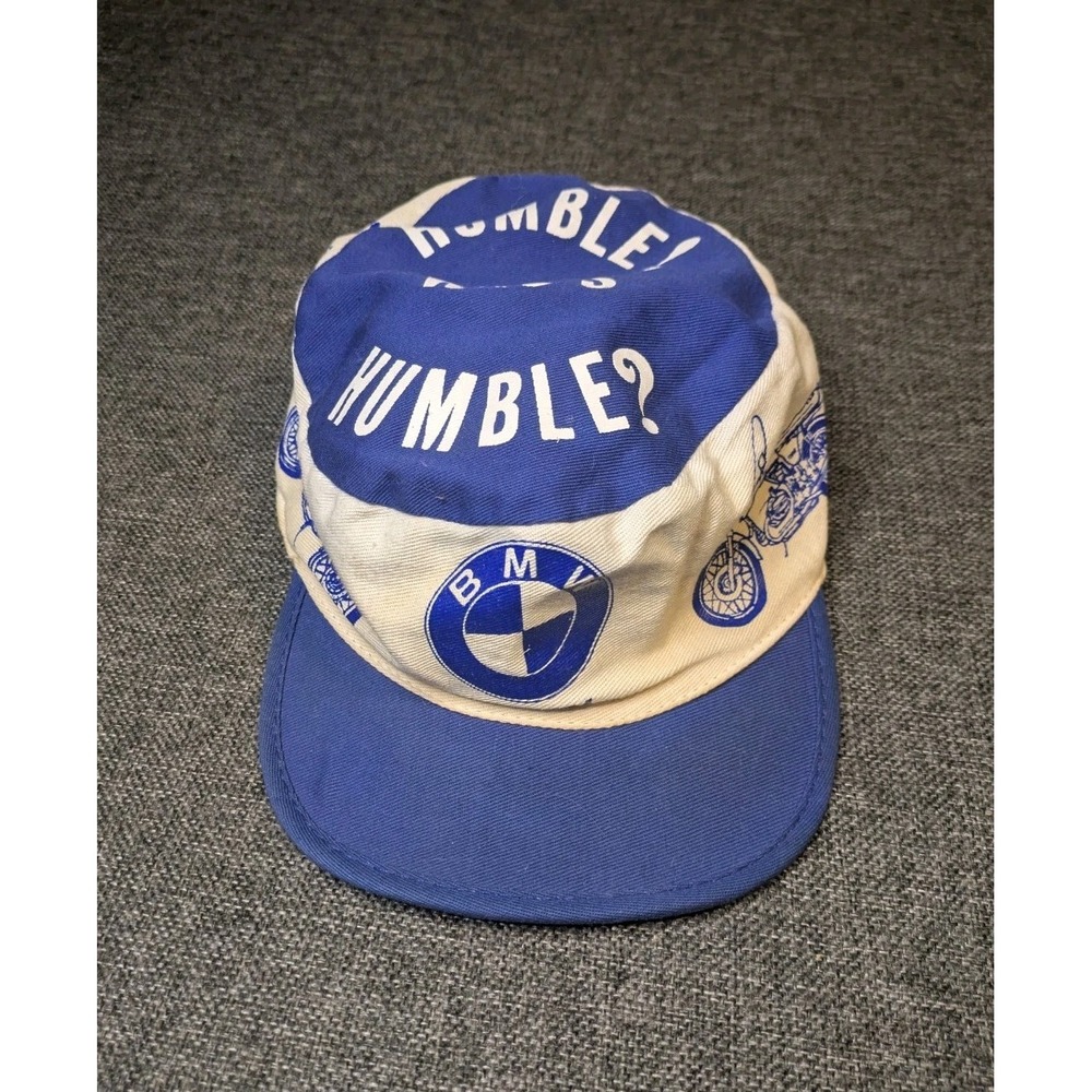 Vintage BMW Promo Hat Blue White Motorcycle Logo Whos Humble Spell out One Size